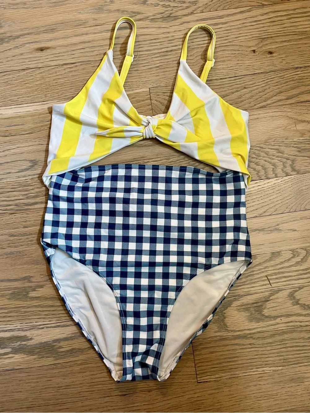 NORDSTROM Cutout Colorblock One-Piece Swimsuit. NAVY GINGHAM-YELLOW STRIPE. (12)